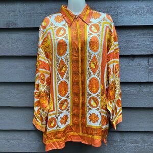 Vtg 80s 90s Massardi Silk Baroque Greek Key Print Button Down Shirt Sz XL Unisex